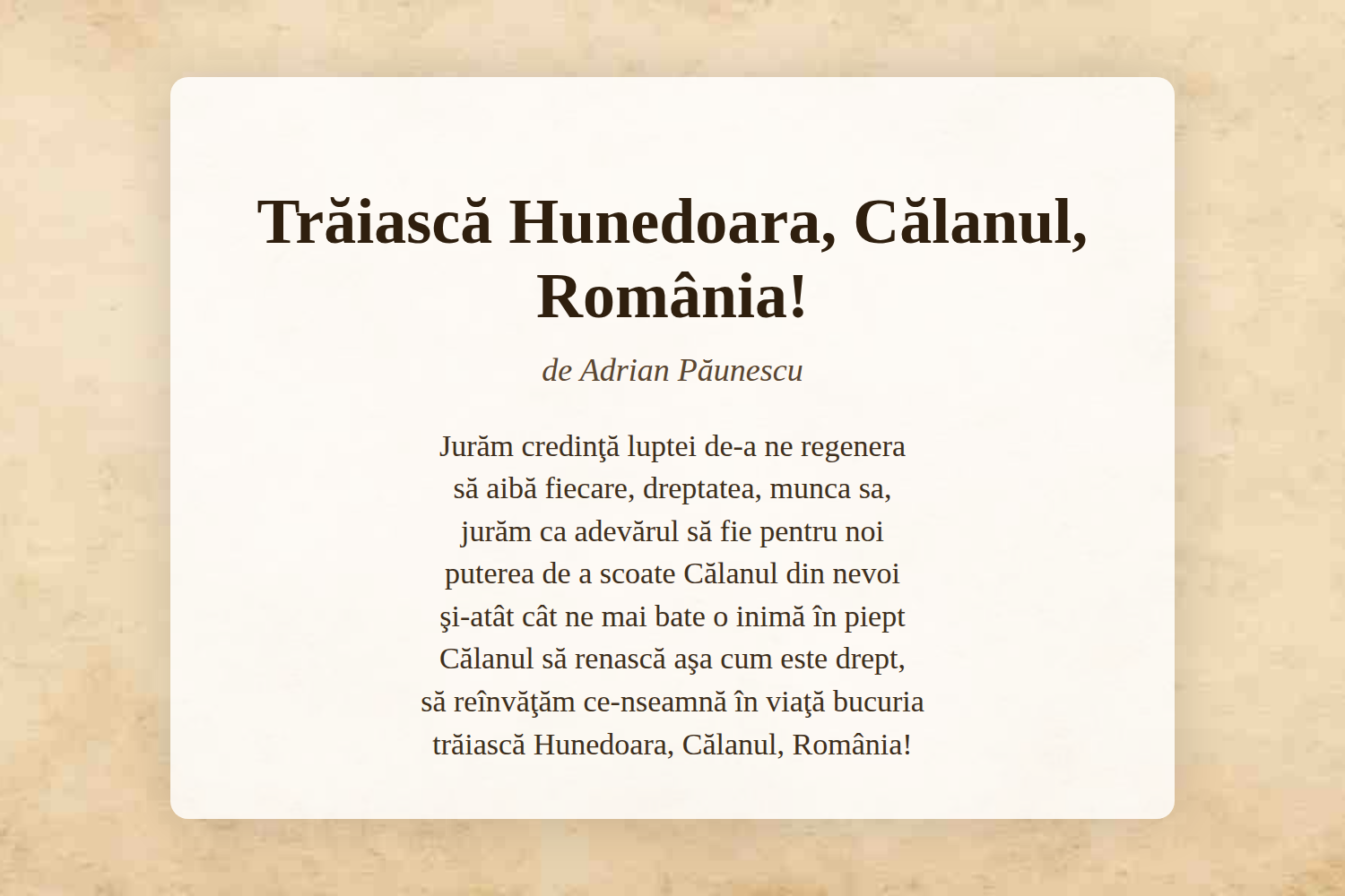 Trăiască Hunedoara, Călanul, România!
